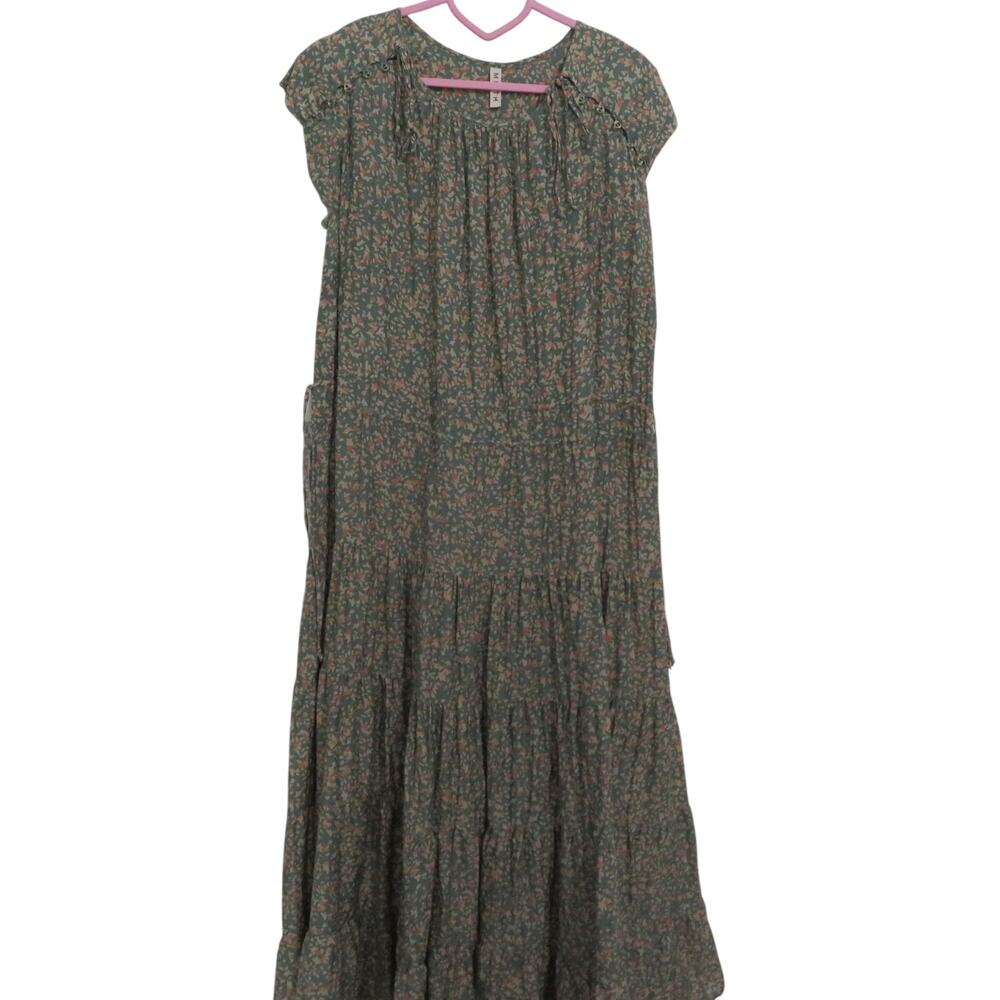 Mirth Women Sz M Green Floral Merida Dress Cap Sleeve Tiered Maxi Prairie